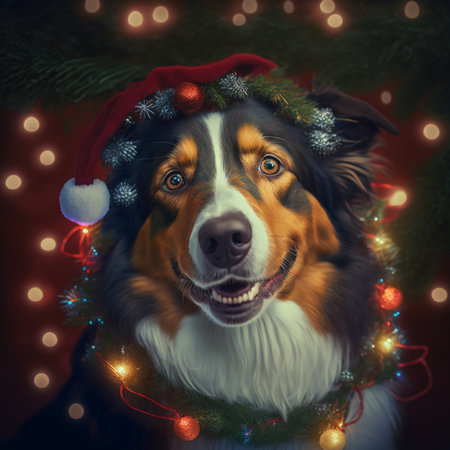 Portrait of a happy australian shepherd dog wearing a christmas hatの素材