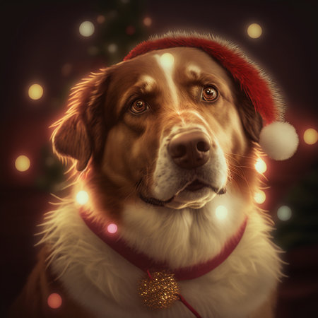 Portrait of a dog in a Santa Claus hat. christmas backgroundの素材