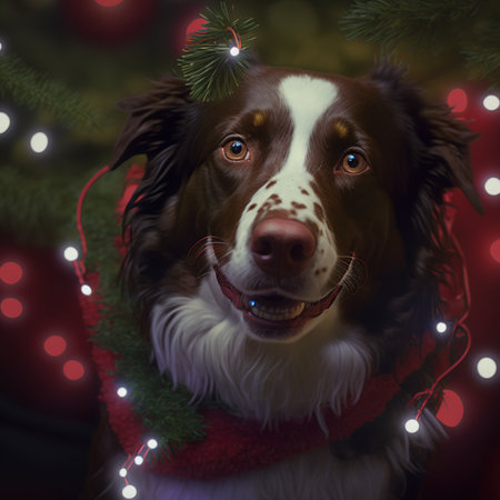 Portrait of border collie dog with christmas lights on backgroundの素材