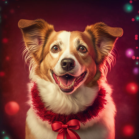 Funny dog in a red scarf on a red background with Christmas lightsの素材