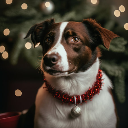 Portrait of a border collie dog with Christmas tree in the backgroundの素材