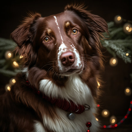 Portrait of brown and white border collie dog in christmas decoration.の素材