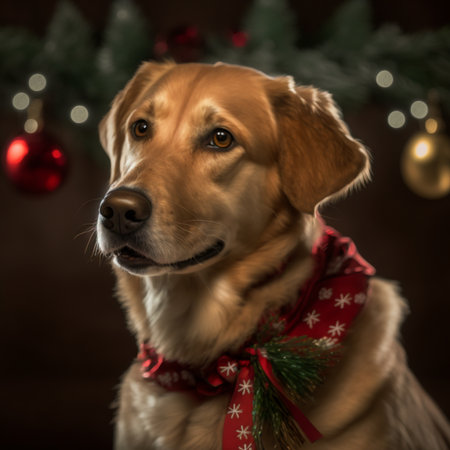 Golden retriever dog with christmas decorations on dark background, closeupの素材