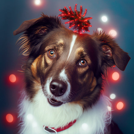 christmas dog with christmas decoration, closeup portrait on dark backgroundの素材