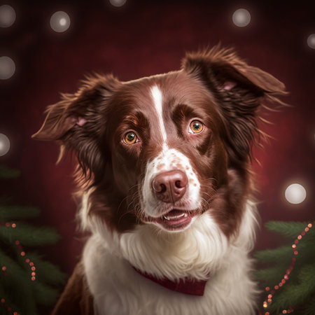 Portrait of a cute brown and white border collie dog with Christmas tree in backgroundの素材