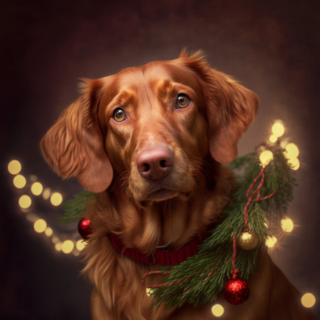 Christmas and New Year concept. Puppy Nova Scotia Duck Tolling Retriever with Christmas tree decoration.の素材