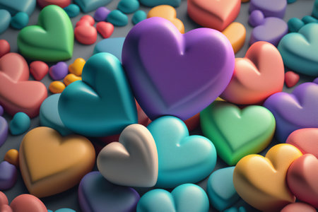 Colorful hearts on a gray background. 3d render illustration.の素材