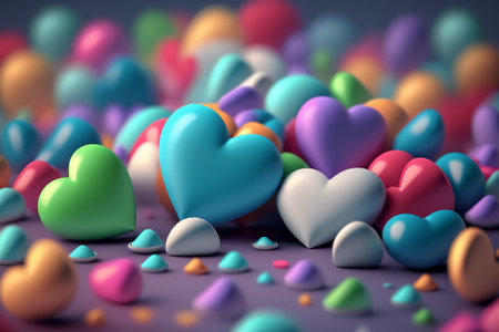 3d render of colorful hearts on purple background. valentines day conceptの素材