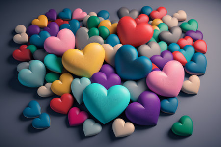 Colorful hearts on a gray background. 3d rendering toned imageの素材