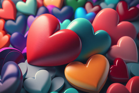 3d render of red heart and many colorful hearts on blue backgroundの素材