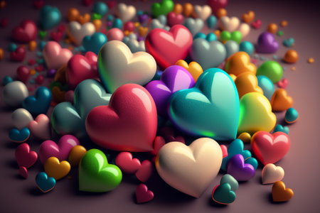 Colorful hearts on a dark background. 3d render illustration.の素材
