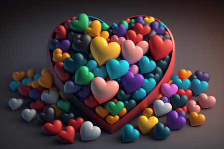 Heart shape made of many colorful hearts on dark background, 3d illustrationの素材