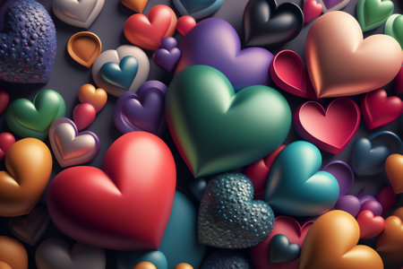 3d rendering of colorful hearts on dark background. Valentine's day backgroundの素材