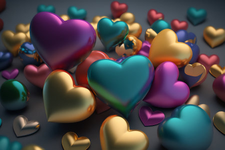 3d render of colorful hearts on dark background. Valentine's day concept.の素材