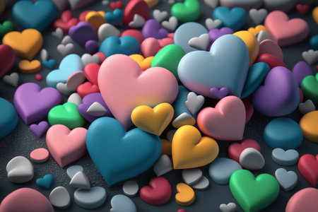 3d render of colorful hearts on black background. Valentine's day conceptの素材