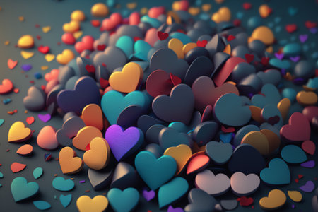 3d render of colorful hearts on dark background. valentines day conceptの素材