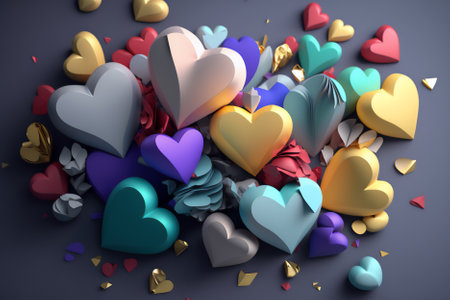 Colorful hearts on a dark background. 3d render illustration.の素材