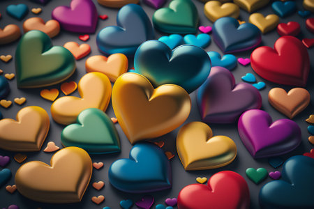 Colorful hearts on a dark background. 3d rendering toned imageの素材