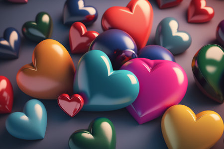 Colorful hearts on a gray background. 3d rendering toned imageの素材