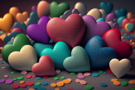 3d render of colorful hearts and confetti on a dark backgroundの素材