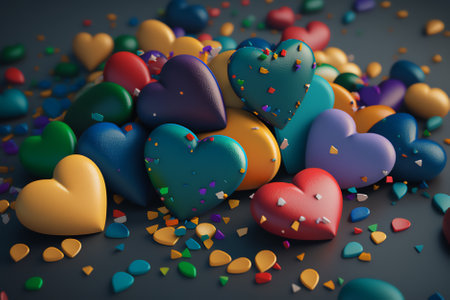 3d render of multicolored hearts with confetti on dark backgroundの素材