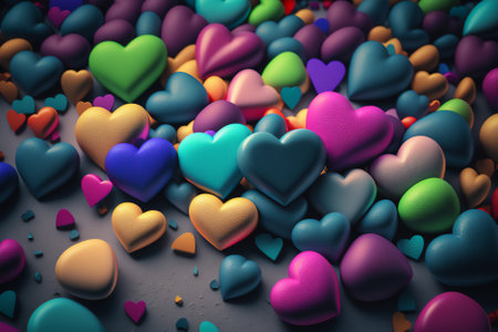 Colorful hearts on a dark background. 3d render illustration.の素材