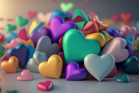Colorful hearts on a gray background. 3d rendering, 3d illustration.の素材