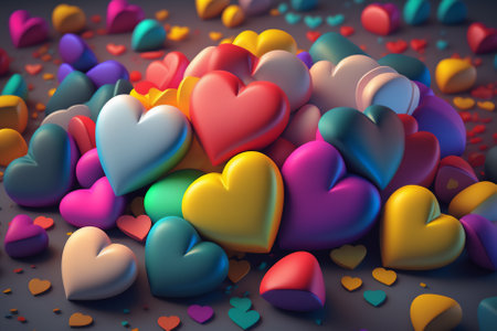 Colorful hearts on a dark background. 3D rendering. computer digital drawing.の素材