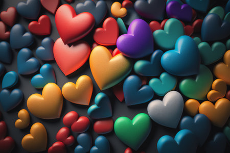Colorful hearts on a dark background. 3d render illustration.の素材