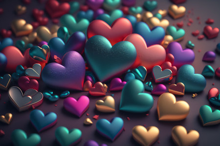 3d render of colorful hearts on dark background. valentines day conceptの素材