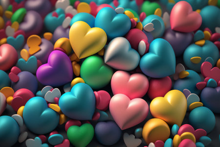Colorful hearts on a dark background. 3d render illustration.の素材