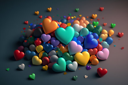 3d render of colorful hearts on dark background. valentines day conceptの素材