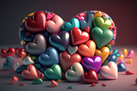 3D rendering of a heart shape made of many colorful hearts.の素材