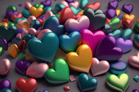 Colorful hearts on a gray background. 3d rendering. computer digital drawing.の素材