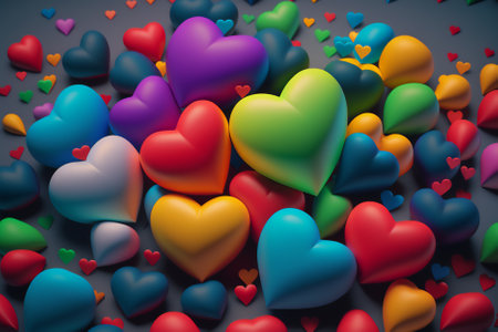 Colorful hearts on a gray background. 3d rendering. computer digital drawing.の素材