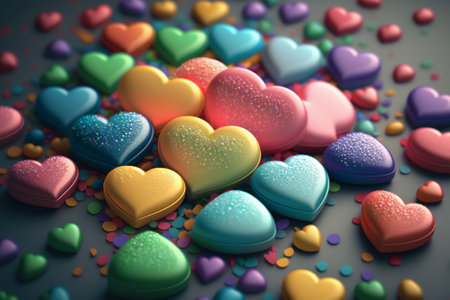 3d render of colorful hearts on dark background. valentines day backgroundの素材