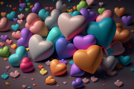 3d render of colorful hearts on a dark background with copy spaceの素材