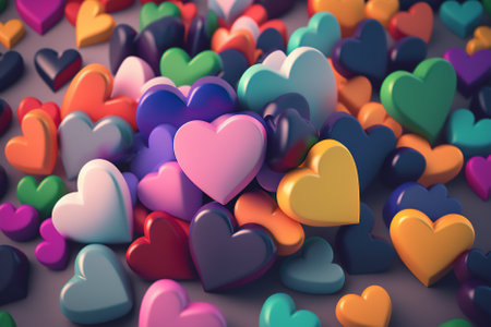 Colorful hearts on the gray background. 3d render illustration.の素材