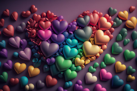 3d render of colorful hearts on dark background. Valentine's day conceptの素材