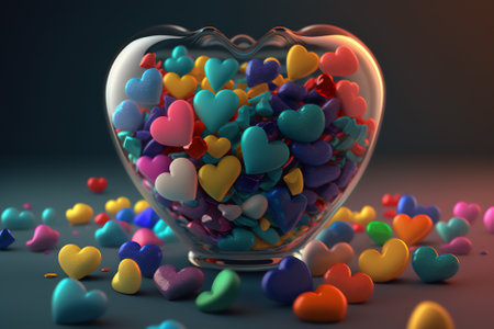 Colorful hearts in a glass vase. 3D rendering.の素材
