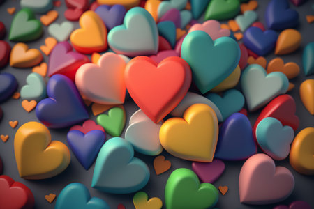 3d render of colorful hearts on gray background. Valentine's day conceptの素材