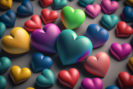 Colorful hearts on a gray background. 3d render illustration.の素材