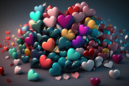 3d illustration of colorful hearts over gray background with vignetteの素材