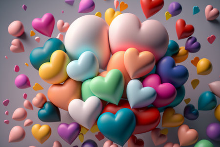 3d render of multicolored hearts on a white background.の素材