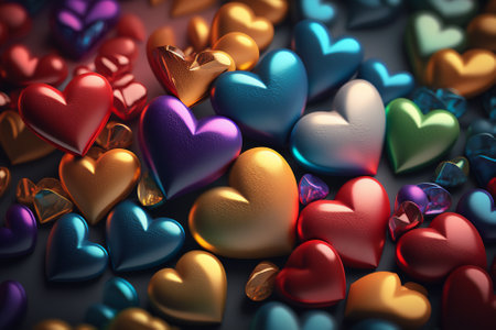 3d rendering of a lot of colorful hearts on a dark backgroundの素材