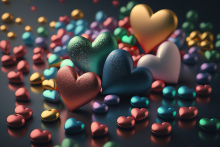 3d illustration of colorful hearts over dark background with bokeh effectの素材