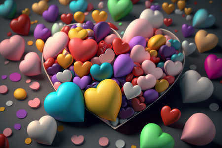 3d rendering of colorful hearts in a heart shape on black backgroundの素材