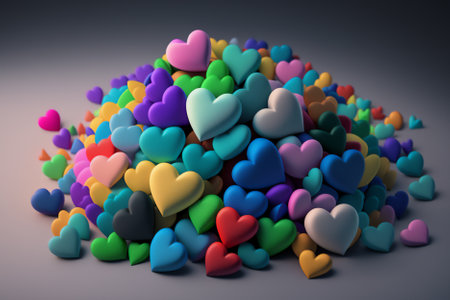 Colorful hearts on a gray background. 3d render illustration.の素材