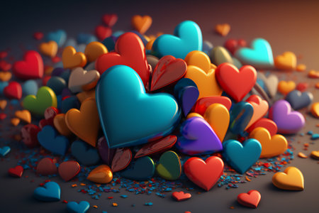 3d illustration of colorful hearts over dark background with vignetteの素材