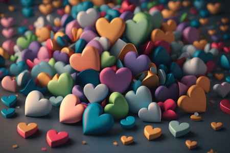 Colorful hearts on a dark background. 3d render illustration.の素材
